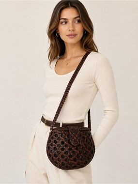 Vintage GEM Genuine Leather Woven Shoulder Bag Multicolor Brown Crossbody Purse